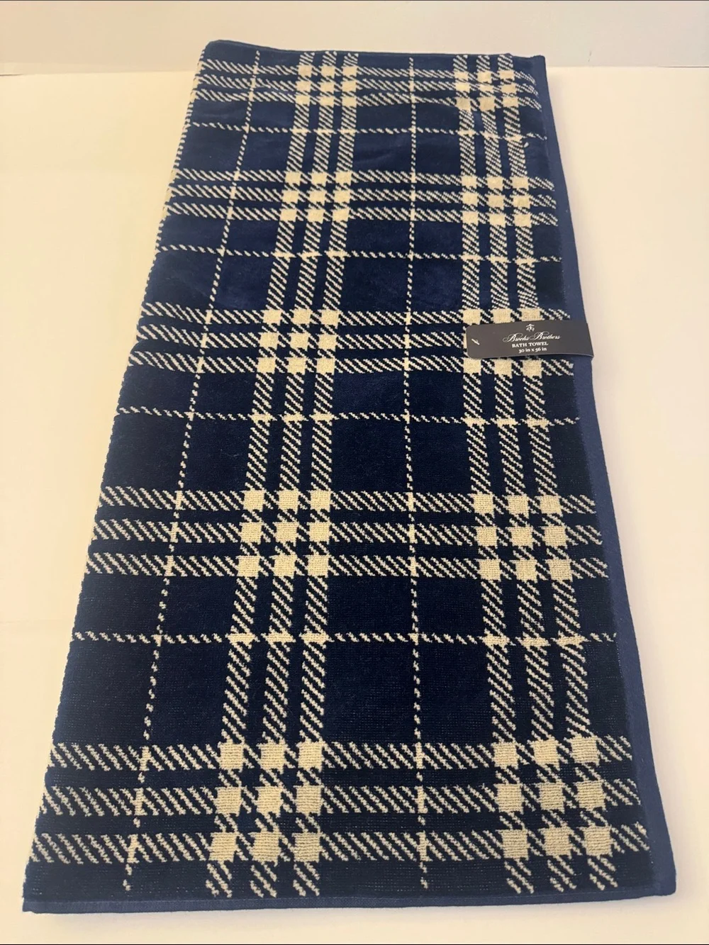 2pc BROOKS BROTHERS 100% Cotton Velour Plaid Bath Towel Set - Blue/Off White